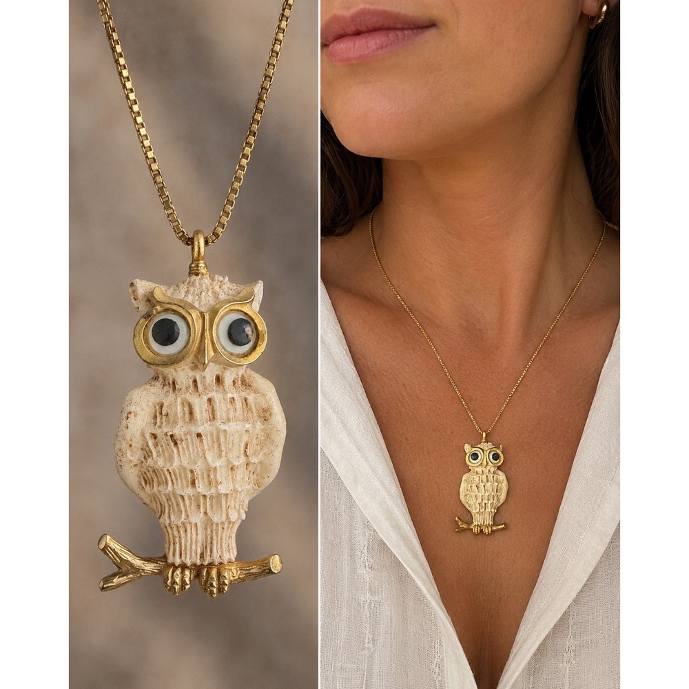 Vintage L Razza Resin Googly Eye Owl Pendant Gold Tone 1970s Statement Jewelry